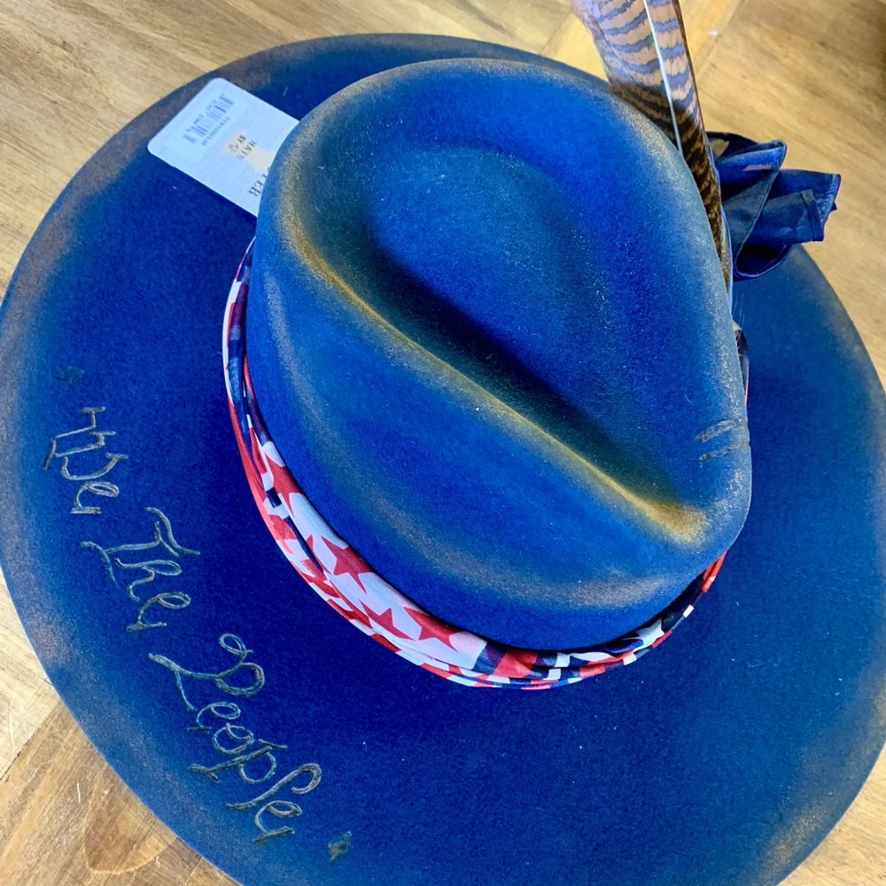 Hand Burned Blue Twister Cowgirl Hat with Feather and Star Band